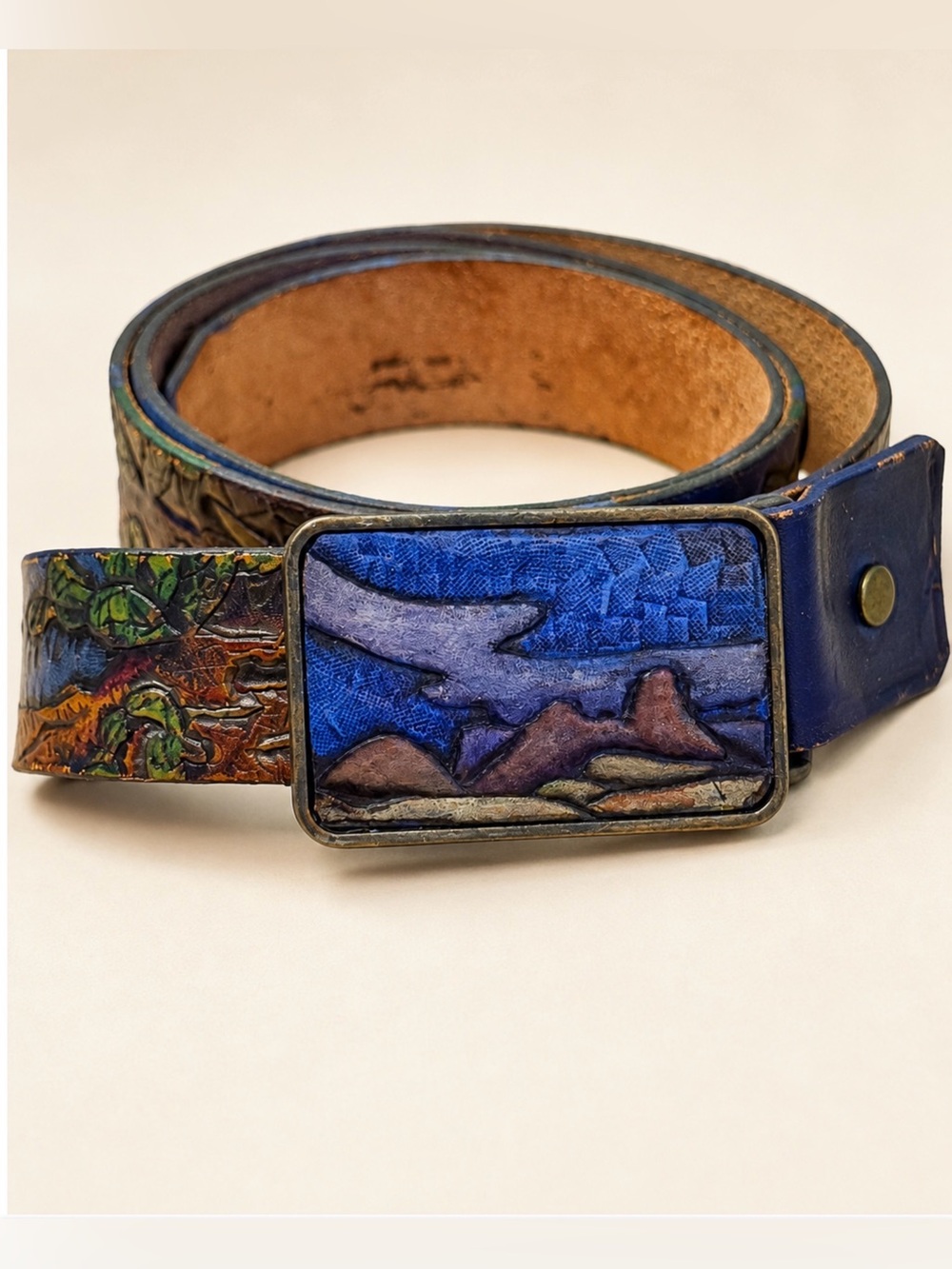 Vintage Hand Tooled Painted Leather Belt Southwestern Desert Bird Artisan